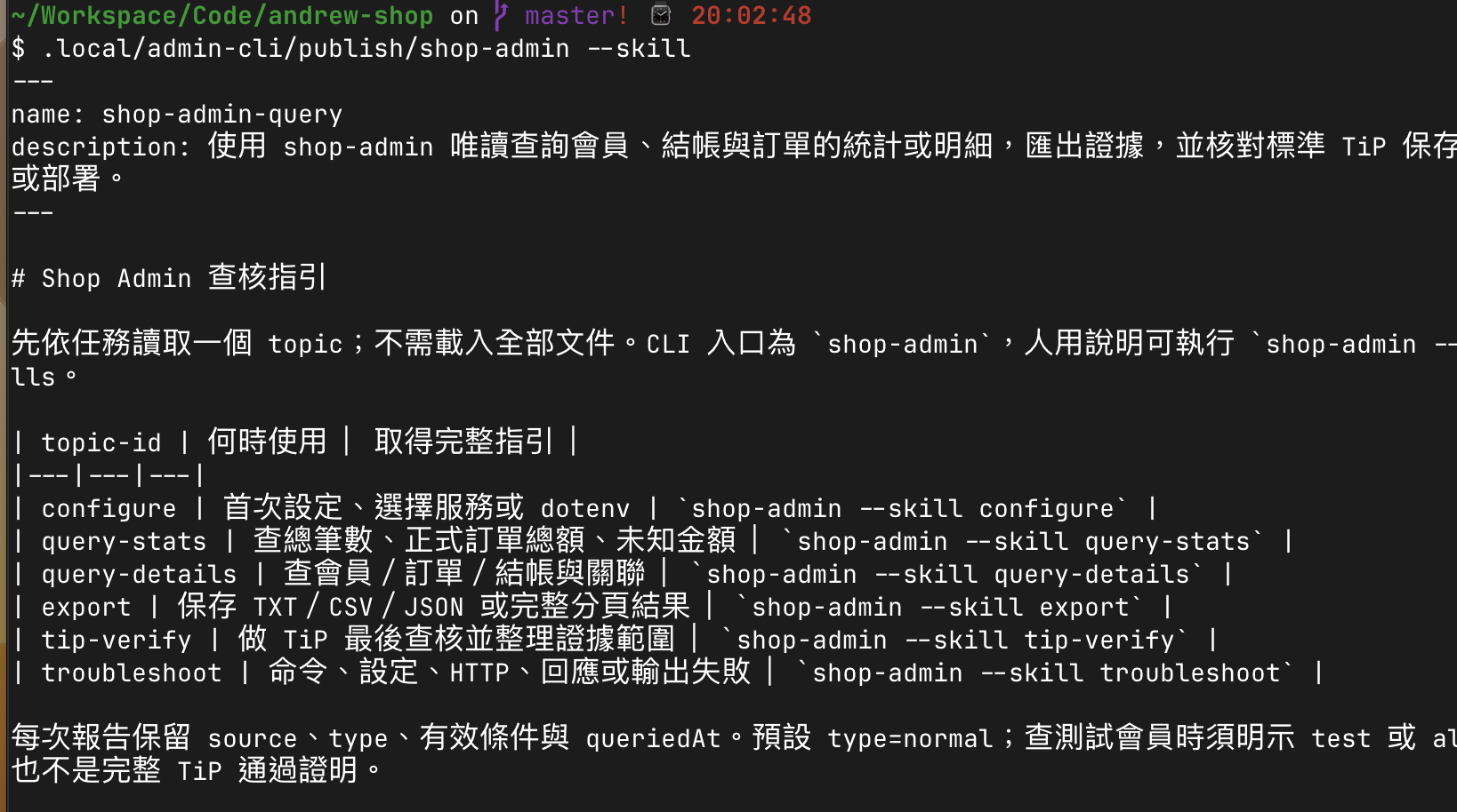 shop-admin --skill 顯示內建 Agent 操作指引與各查核主題